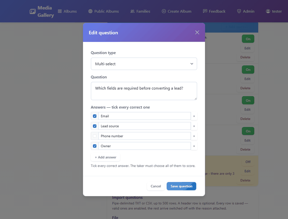 The question editor with a multi-select question