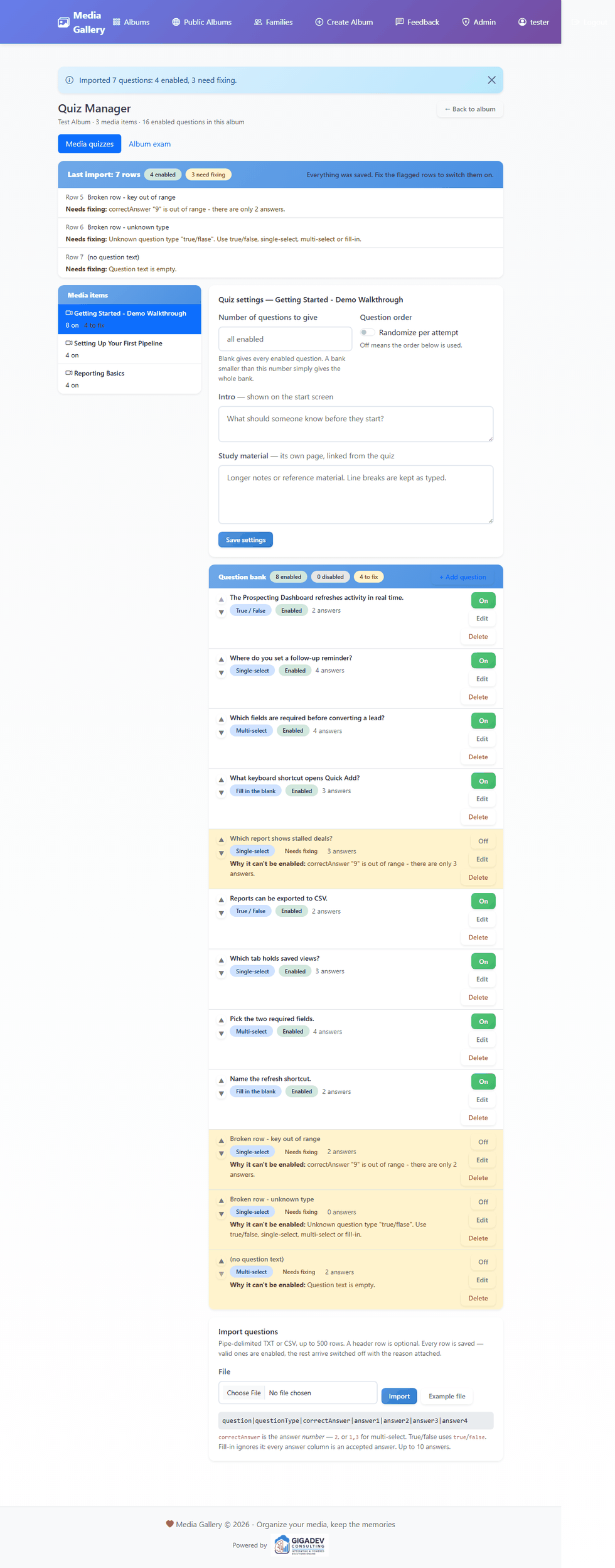 The import report listing rows that need fixing