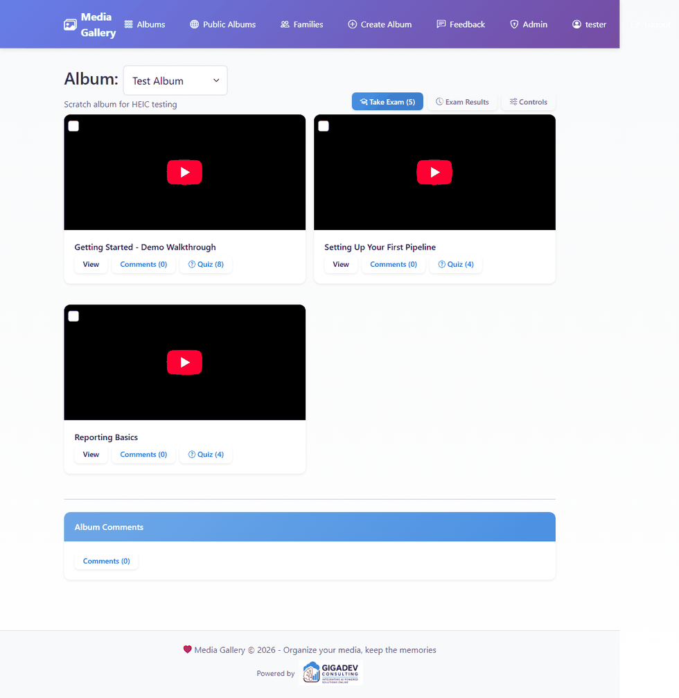 An album showing Quiz buttons on cards and Take Exam in the header