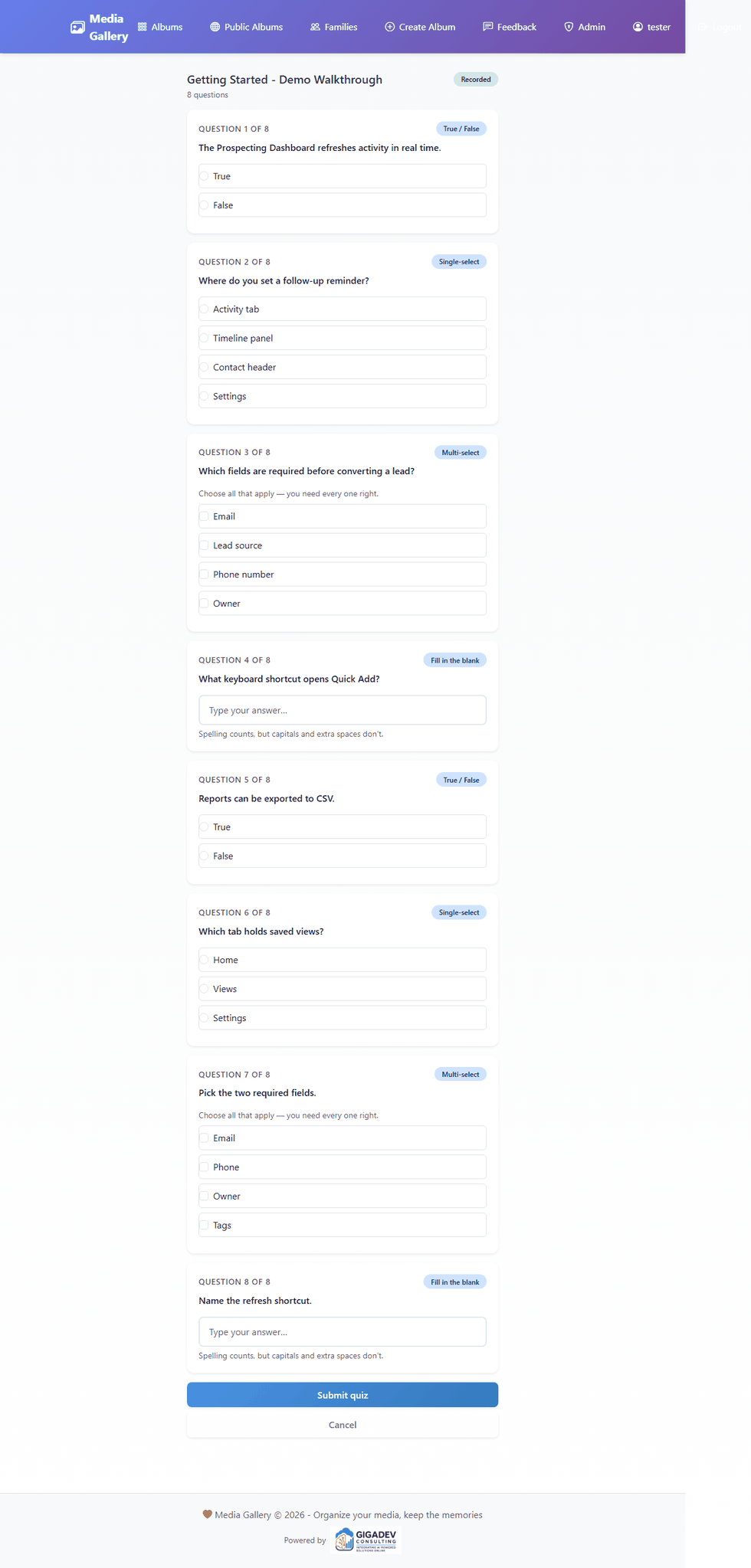 Taking a quiz, showing all four question types