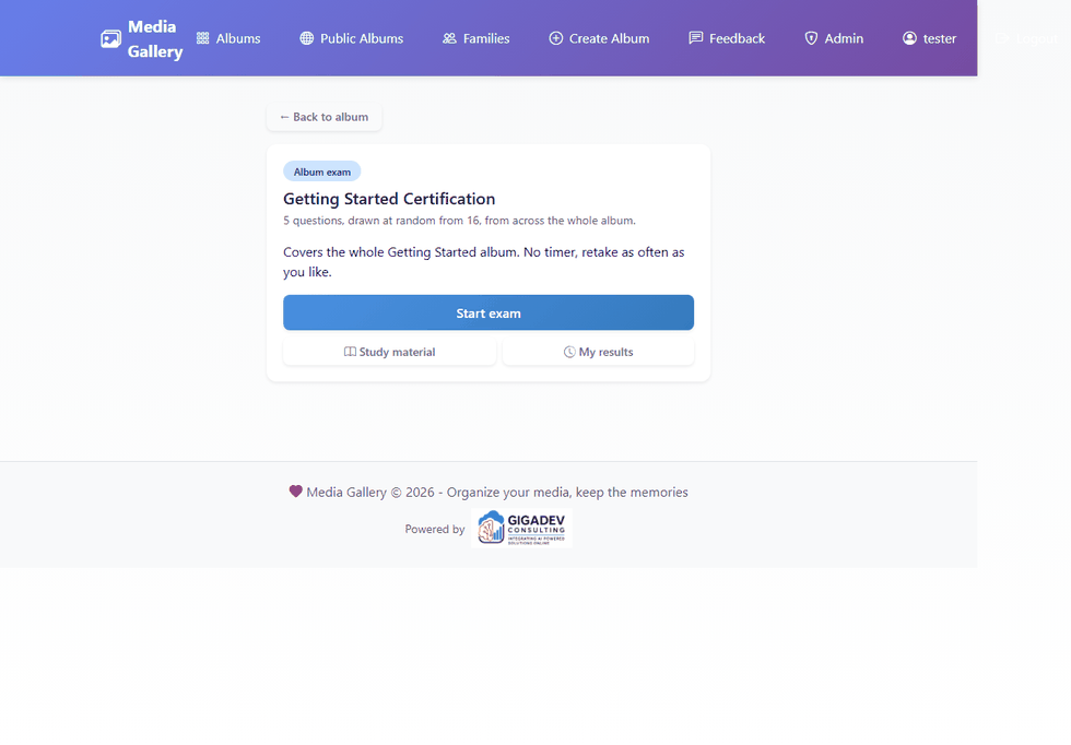 The exam start screen